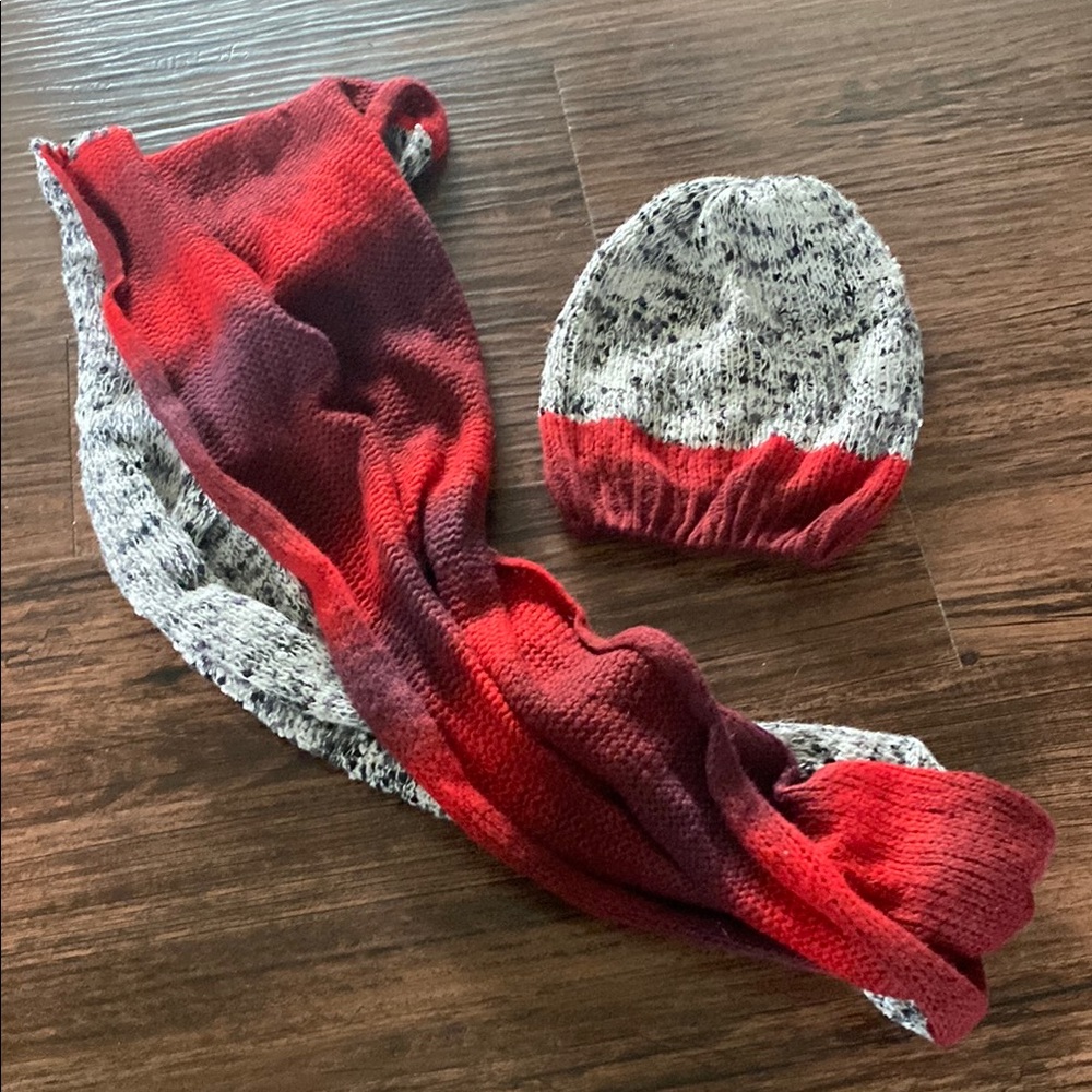 Cozy Red and Gray Scarf and Hat Set